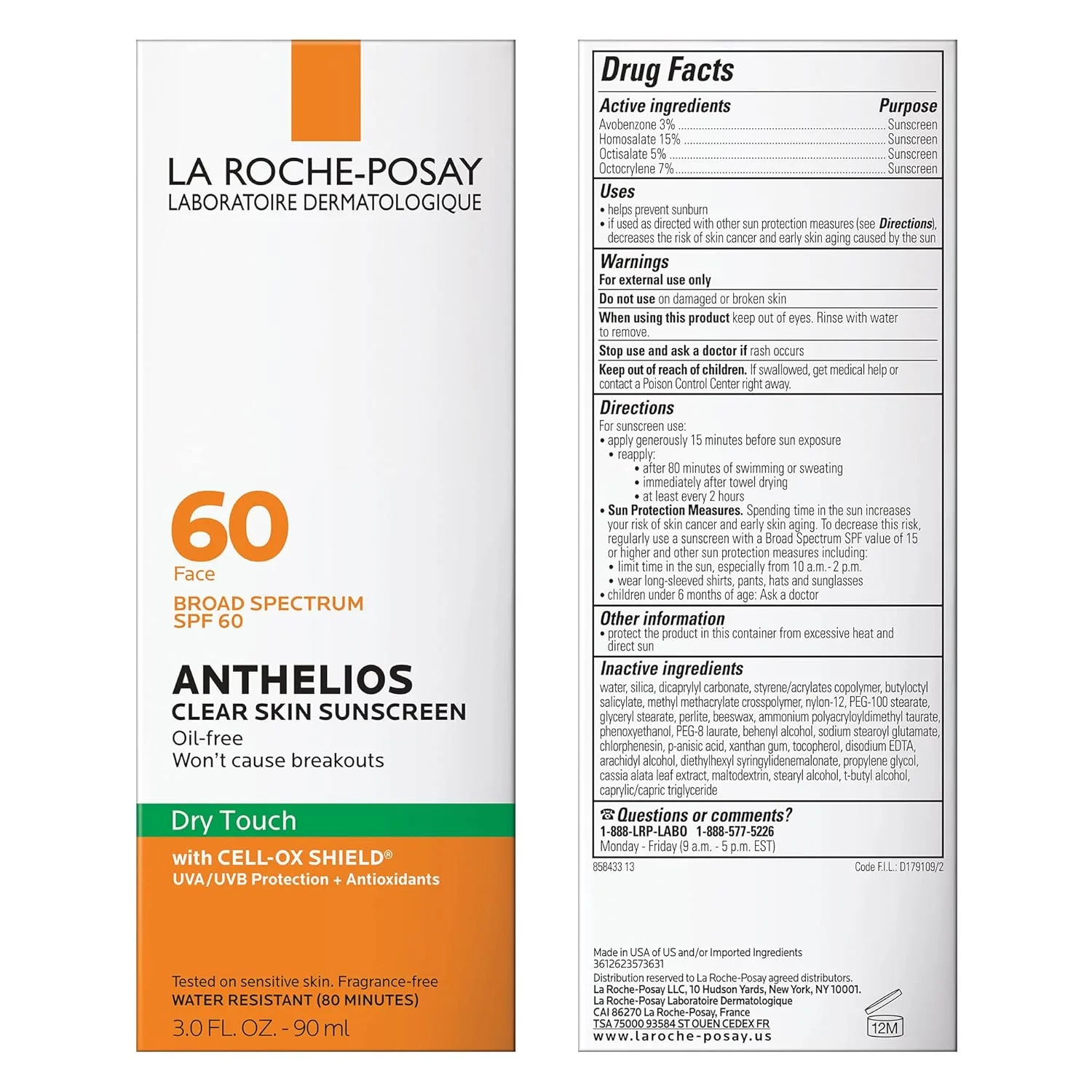 La Roche-Posay Anthelios Clear Skin солнцезащитный крем Dry Touch SPF 60, для лица, без масла, матирующий, широкий спектр SPF с антиоксидантами, нежирный, без оксибензона, дорожный размер 89 мл (1 шт.), White — фото 2