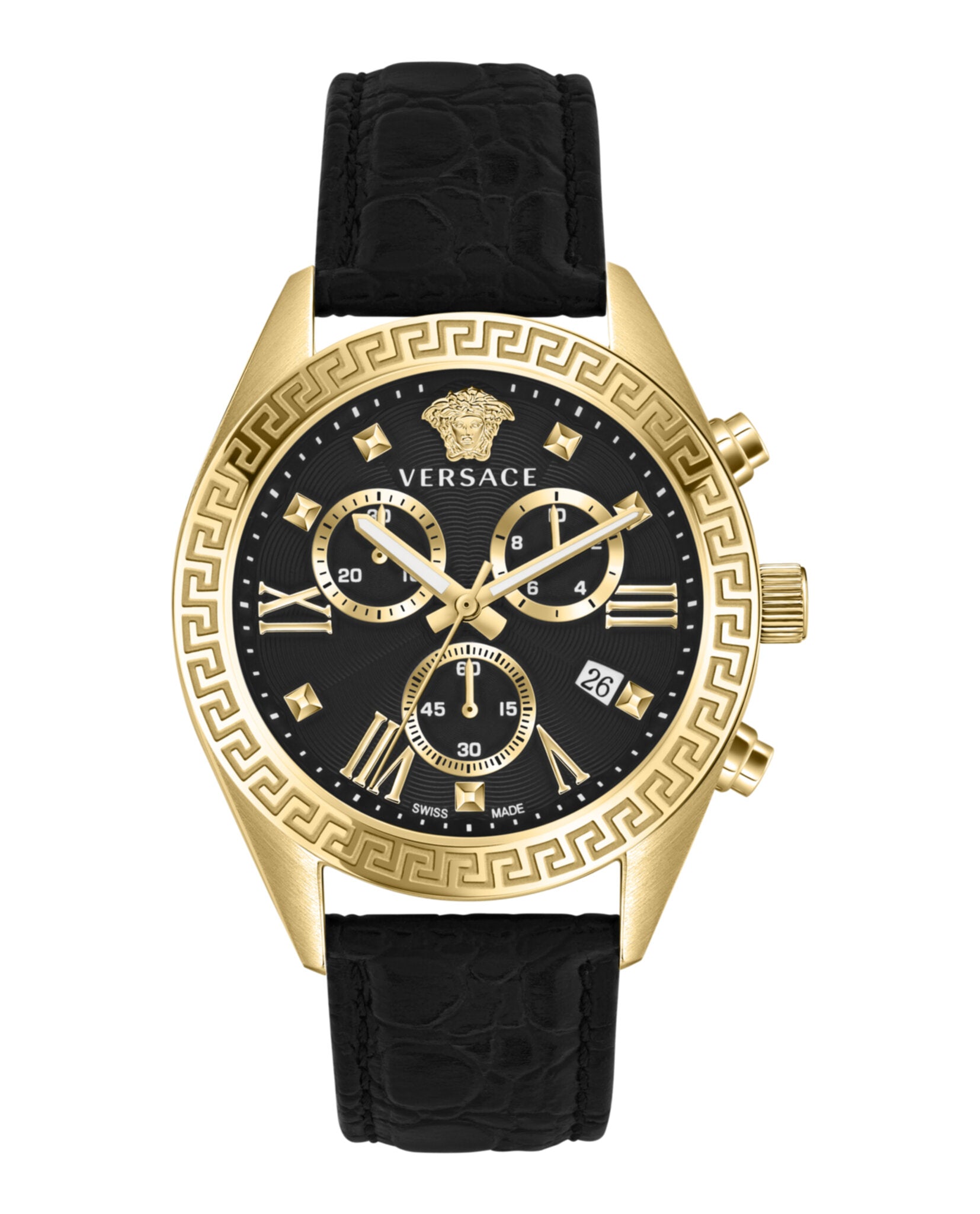 

Часы Greca Chrono из кожи Versace, цвет black/ip yellow gold/black