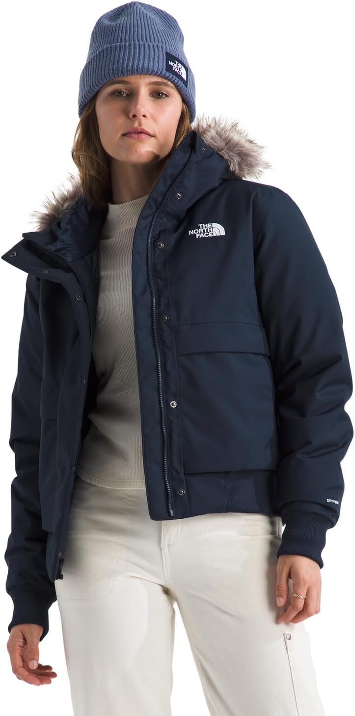 

THE NORTH FACE Женская арктическая куртка-бомбер с утеплением пухом, водонепроницаемой оболочкой, регулируемым капюшоном с искусственным мехом и карманами с двусторонним доступом, Summit Navy