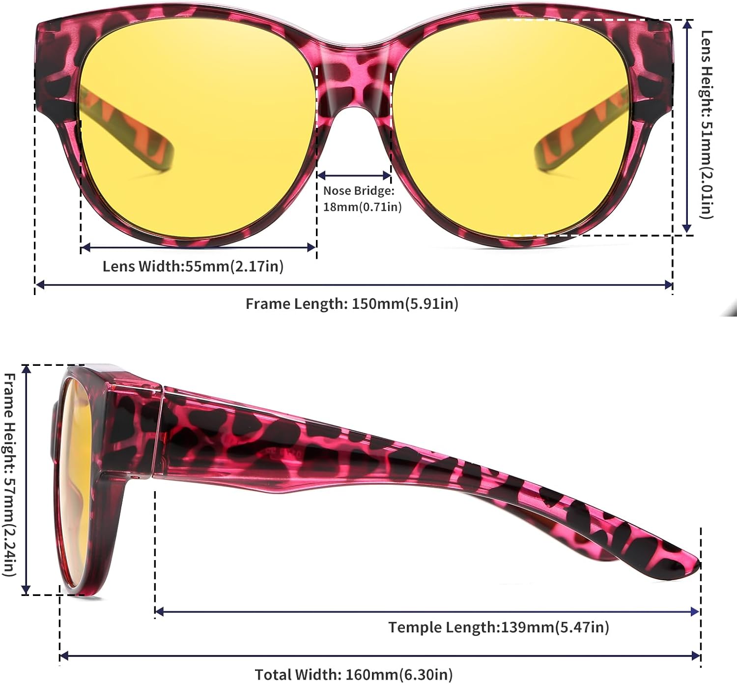 

Солнцезащитные очки GEGURI Fit Over Glasses с поляризацией, для женщин и мужчин, стильный дизайн «кошачий глаз», 100% защита от УФ-излучения, L Size Purple Tortoise Frame Night Vision Lens