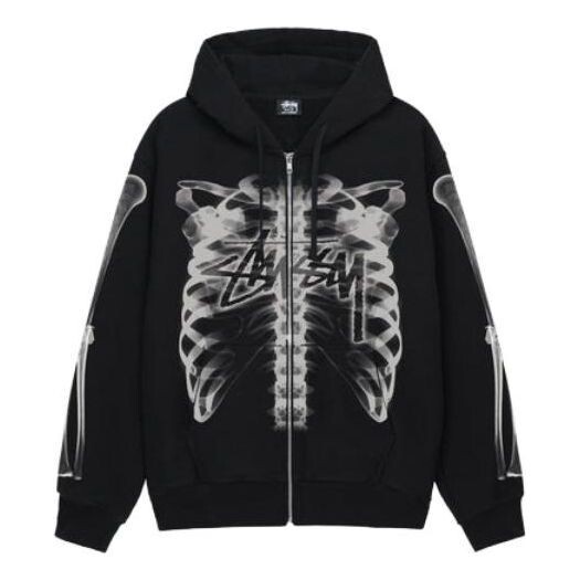 

Куртка rib cage zip hoodie 'black white' Stussy, черный