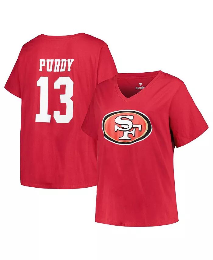 

Женская футболка Brock Purdy Scarlet San Francisco 49ers Plus Size с именем игрока и номером и V-образным вырезом Fanatics
