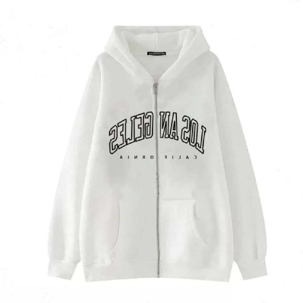 Худи женское с капюшоном, принт Letter Print, Active Long Sleeve Zip Up Hoodie, белый