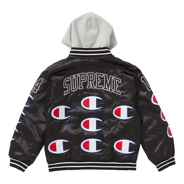 

Куртка fw18 champion hooded satin varsity jacket black Supreme, черный