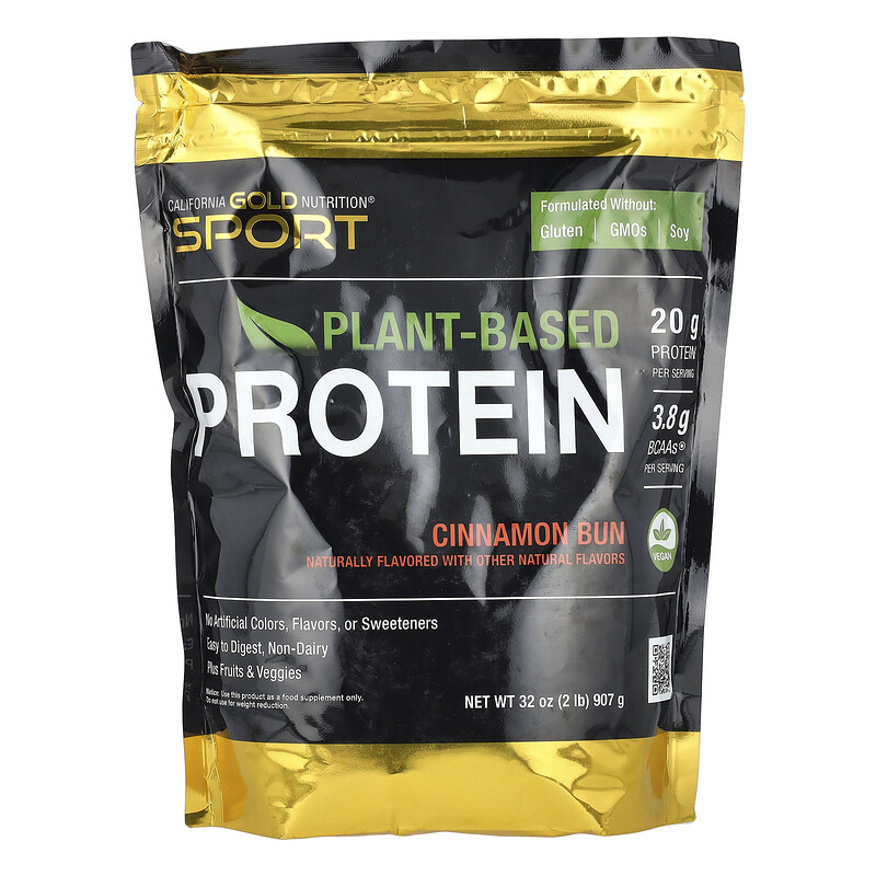 

California Gold Nutrition, растительный протеин со вкусом булочки с корицей, веганский, легкоусвояемый, 908 г (2 фунта)
