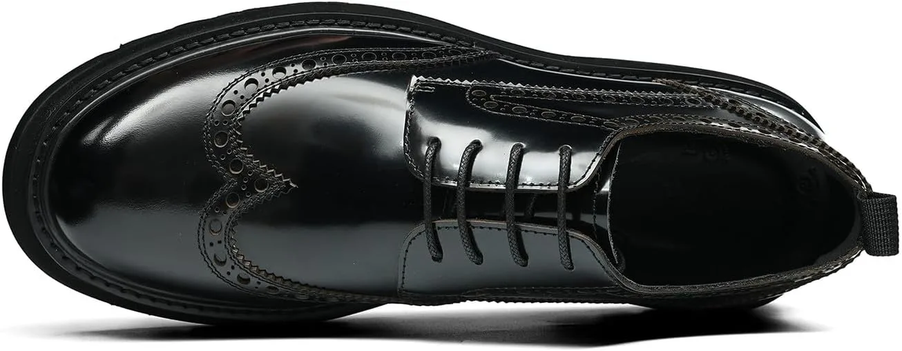 Мужские классические туфли Santimon Wingtip Brogue на шнуровке с грубой подошвой - блестящие дерби из натуральной кожи для повседневного ношения, деловых встреч, выпускного и свадьбы, черный — фото 3