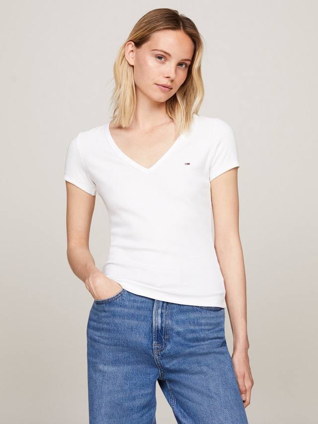 

Приталенная мини-футболка с логотипом и v-образным вырезом Tommy Hilfiger, белый