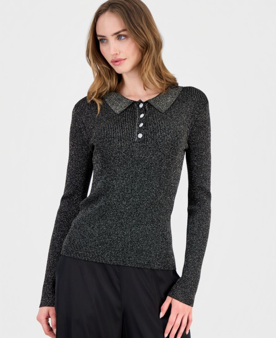 

Женская блузка с воротником, ребристой текстурой и металлическим блеском T Tahari, Black Lurex