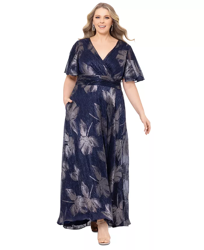 

Платье силуэта А-силуэта с металлическим принтом Plus Size Betsy & Adam, синий