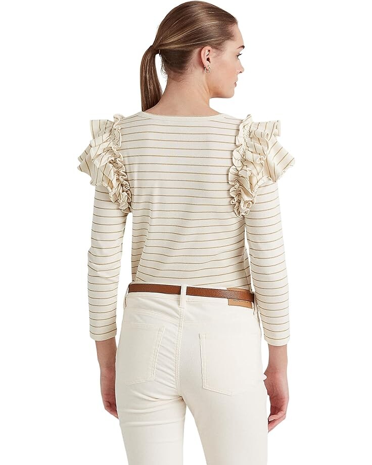 

Топ LAUREN Ralph Lauren Metallic Striped Ruffle-Trim Knit Top, цвет Mascarpone Cream/Gold