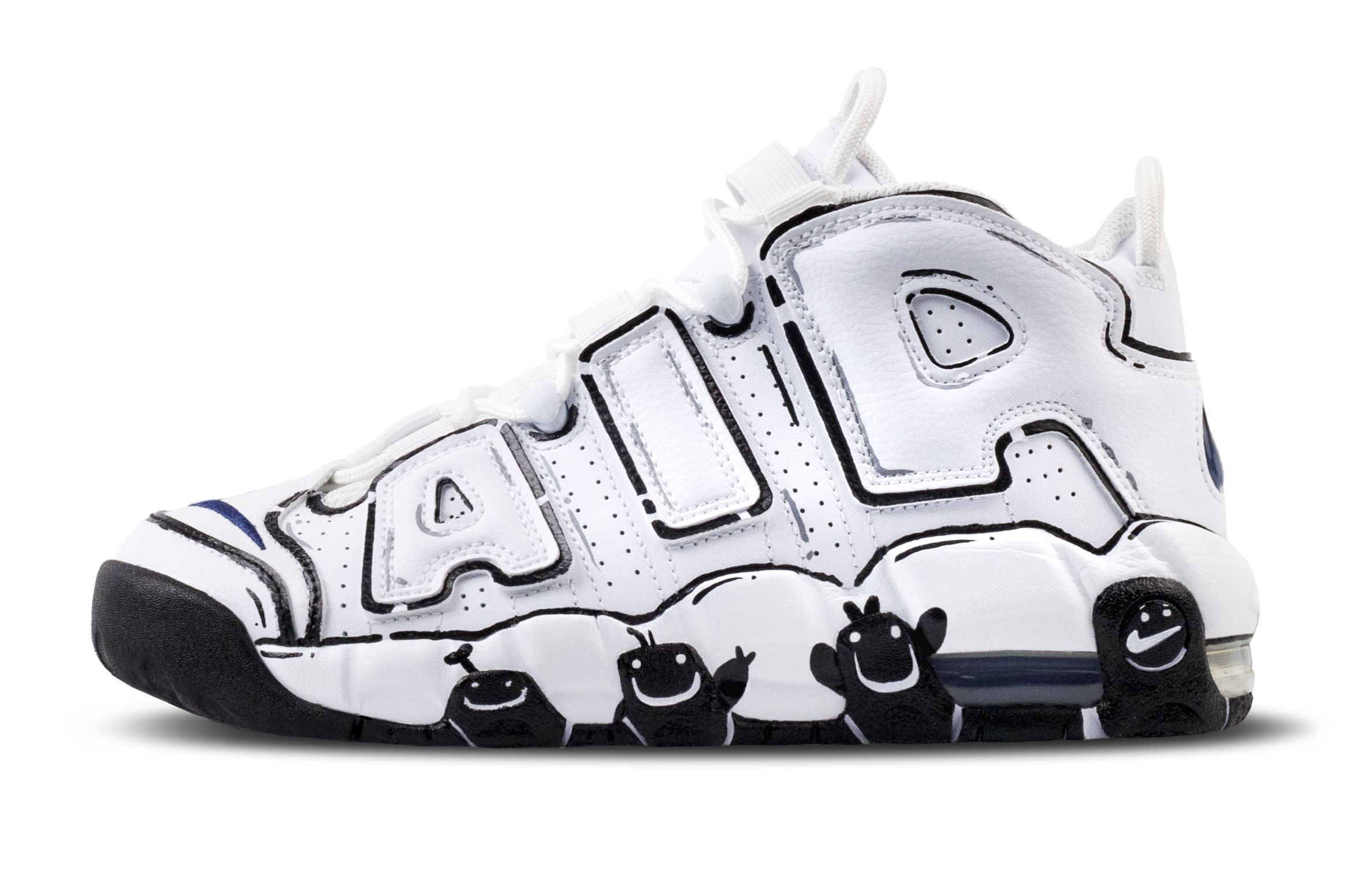 Nike Детские баскетбольные кроссовки Air More Uptempo Graffiti Planet с противоскользящей амортизацией и средней высотой верха, белые и черные — фото 3