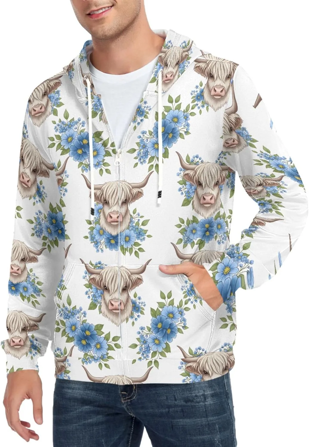 

Мужская толстовка с капюшоном на молнии Cow Heads Blue Flowers CUPADA