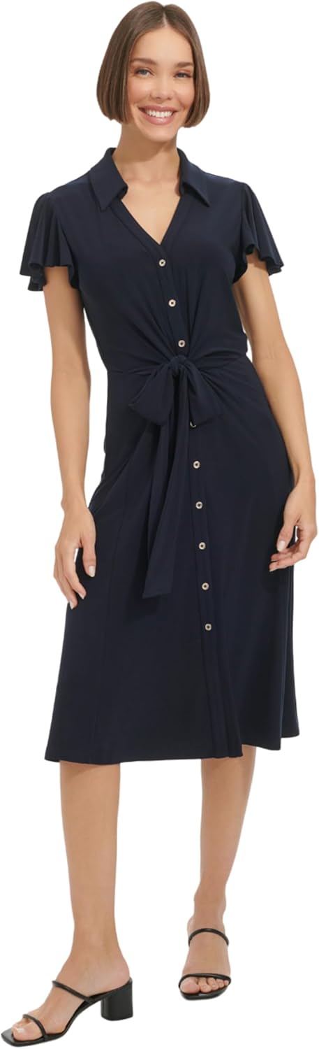 

Женское трикотажное платье Tommy Hilfiger с рукавами-крылышками и воротником-стойкой с узлом спереди, Sky Captain