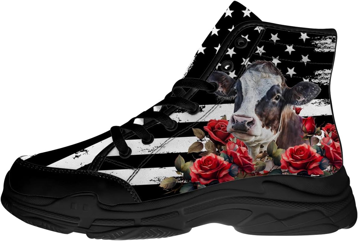 

Женские высокие кеды с флагом США и изображением коровы, обувь на платформе с шнуровкой, подарок для нее или для него Generic, черный/красный/коричневый