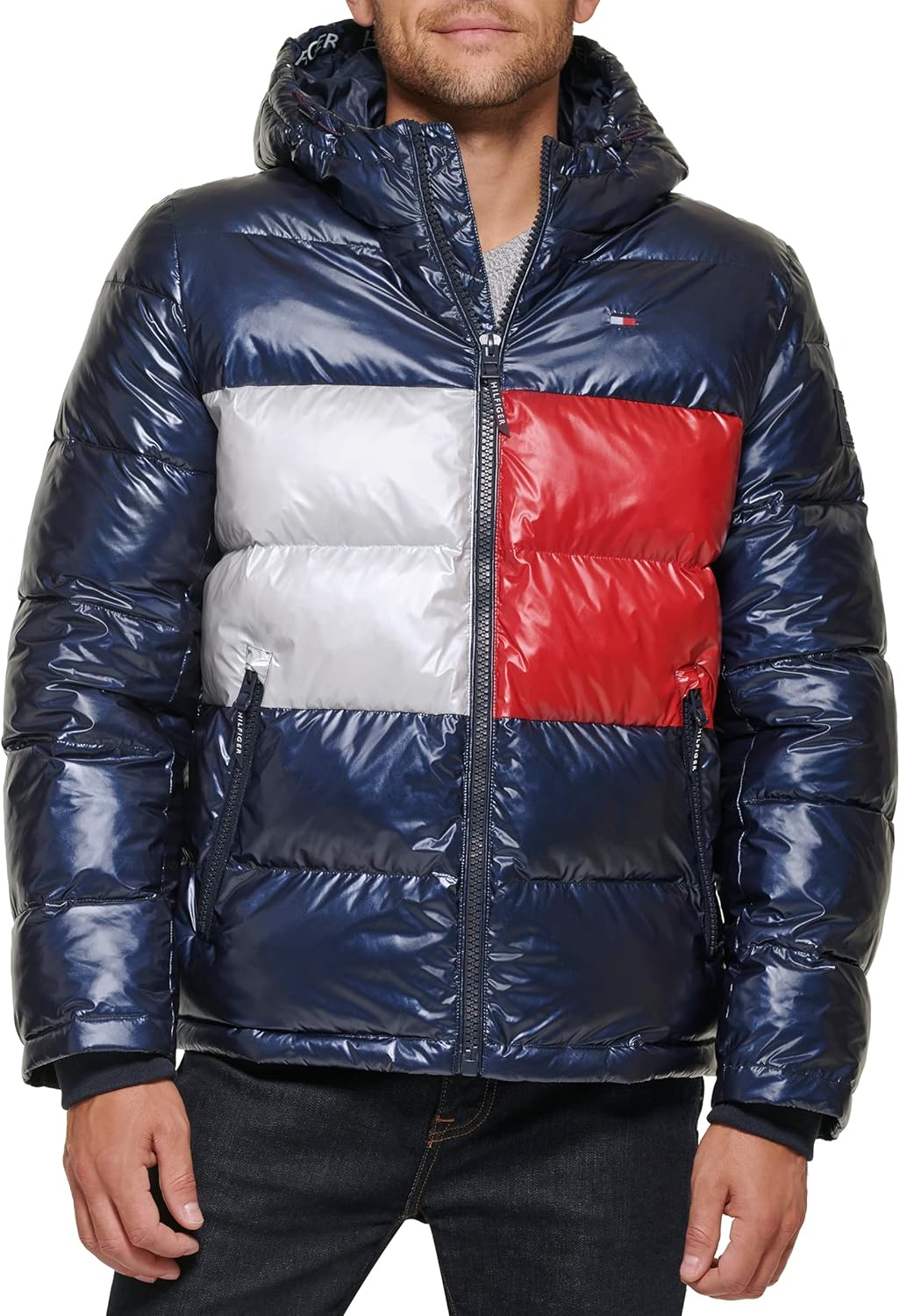 

Мужская стеганая куртка с капюшоном Tommy Hilfiger (стандартная и для больших и высоких), Pearlized Navy Tommy Flag