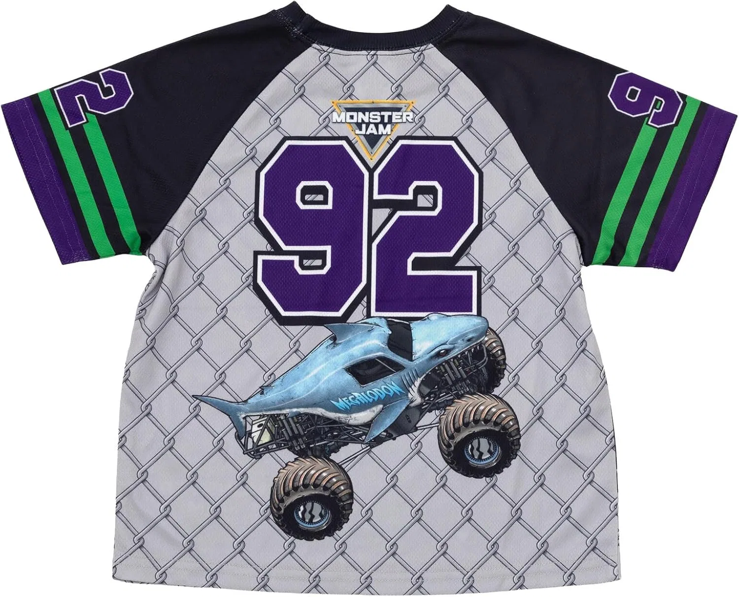 Комплект одежды Monster Jam: спортивная сетчатая бейсбольная футболка и шорты для малышей и детей постарше. Включает в себя: могильщика, мегалодона и дигатрона, Gray/Black/Purple — фото 3
