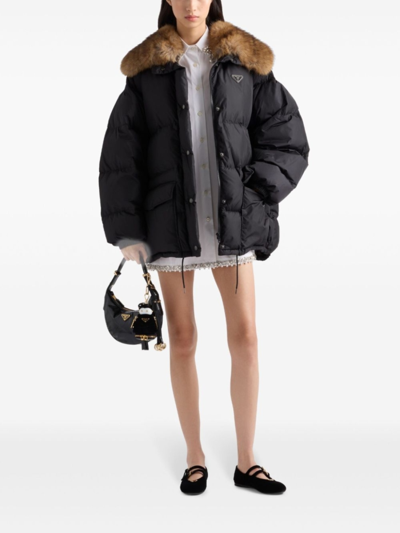 Куртка Prada стеганая с меховым воротником, черный