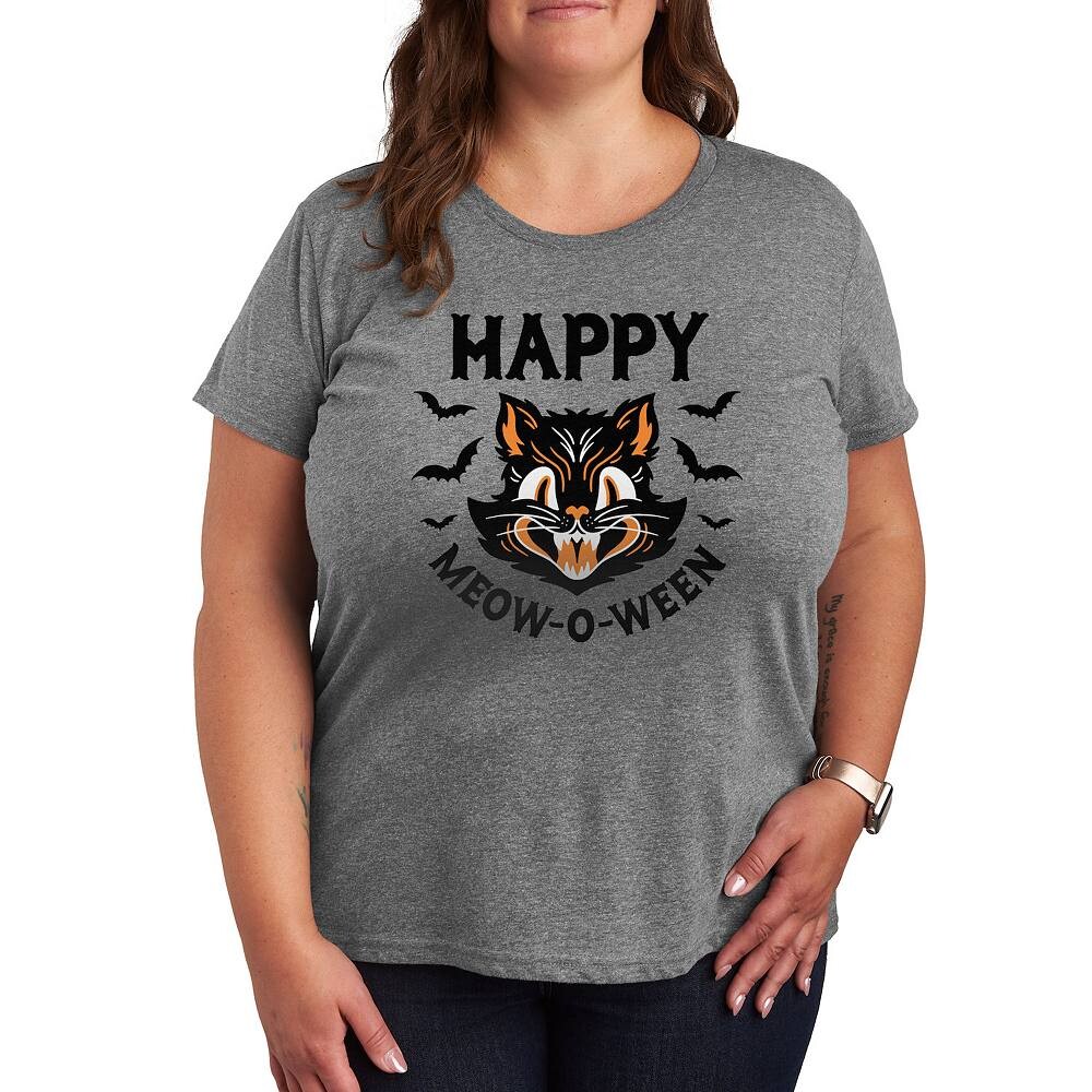 

Винтажная футболка размера плюс с рисунком Cat Happy Meow O Ween Licensed Character, цвет Heather Gray