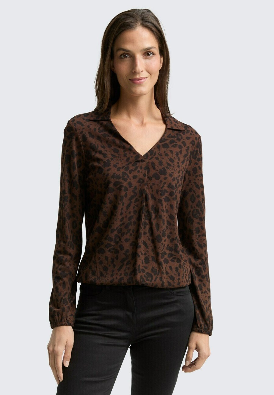 

Блуза TOM TAILOR LANGARMSHIRT MIT POLOKRAGEN, Brown Black Small Leo Print/Brown