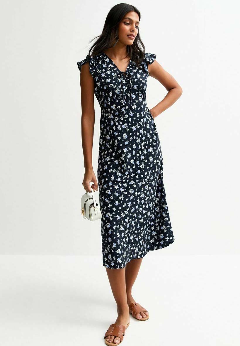 

Повседневное платье FLORAL PRINT TIE NECK MIDI New Look, синий