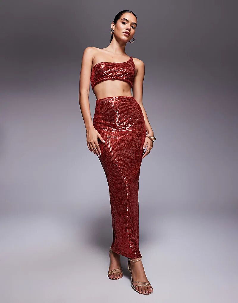 

Платье миди на одно плечо ASOS DESIGN с имитацией норки, полностью расшитое пайетками, цвета ржавчины