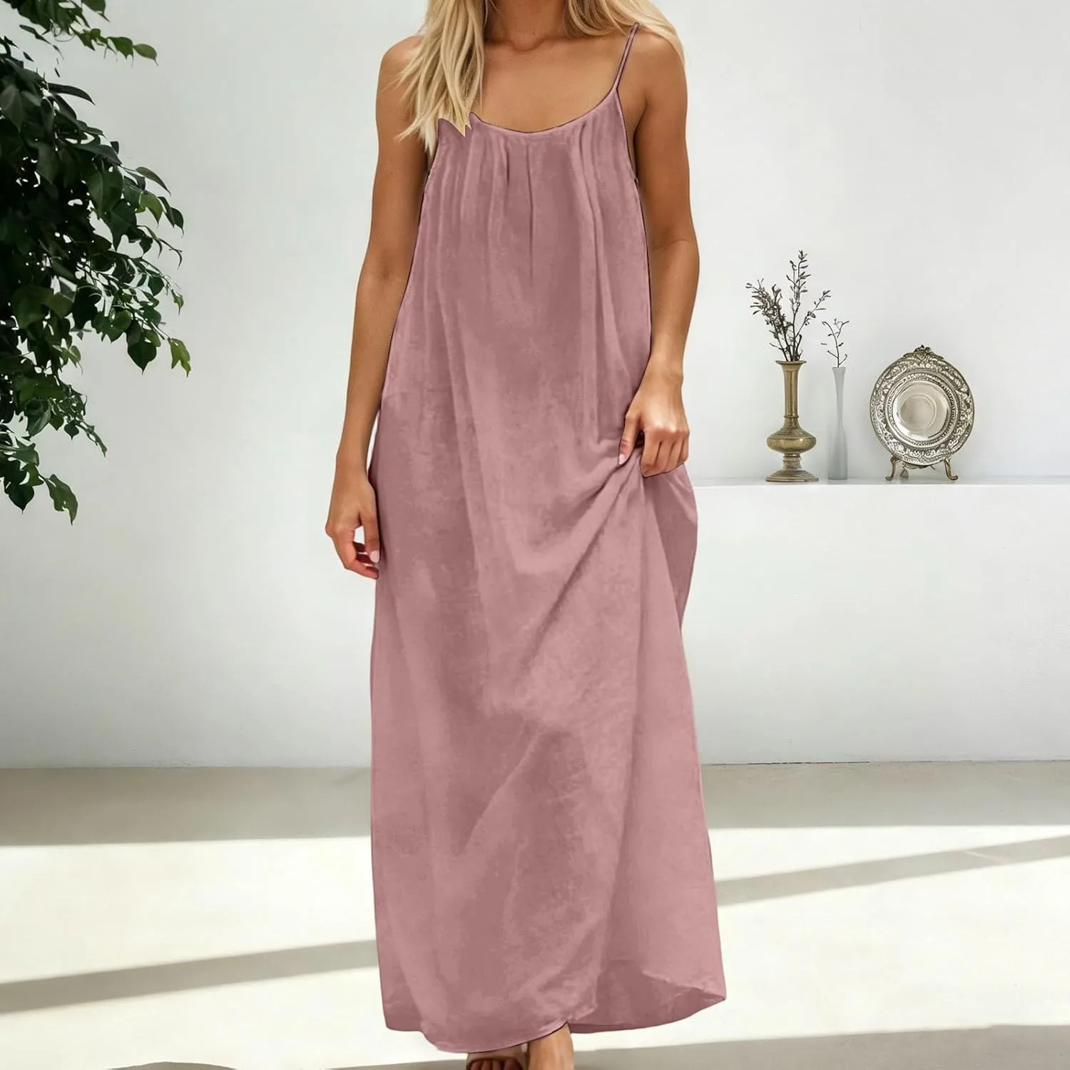 Платье-комбинация с открытой спиной, платье-комбинация для отдыха, платья с открытой спиной для женщин, струящееся макси-платье без рукавов для летнего отдыха дома или на пляже Generic, розовый — фото 3