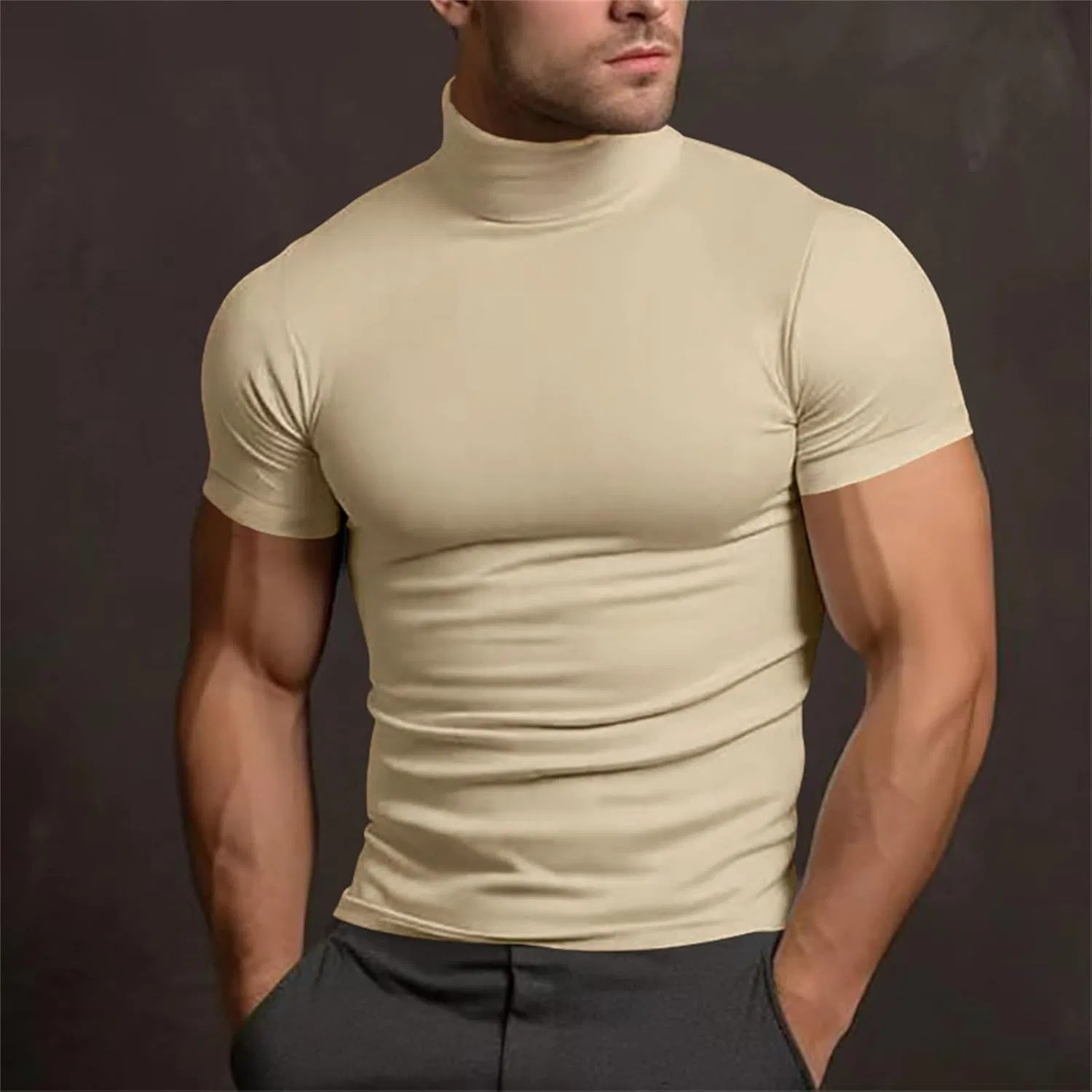 Футболка с водолазкой мужская облегающая E-beige — фото 2