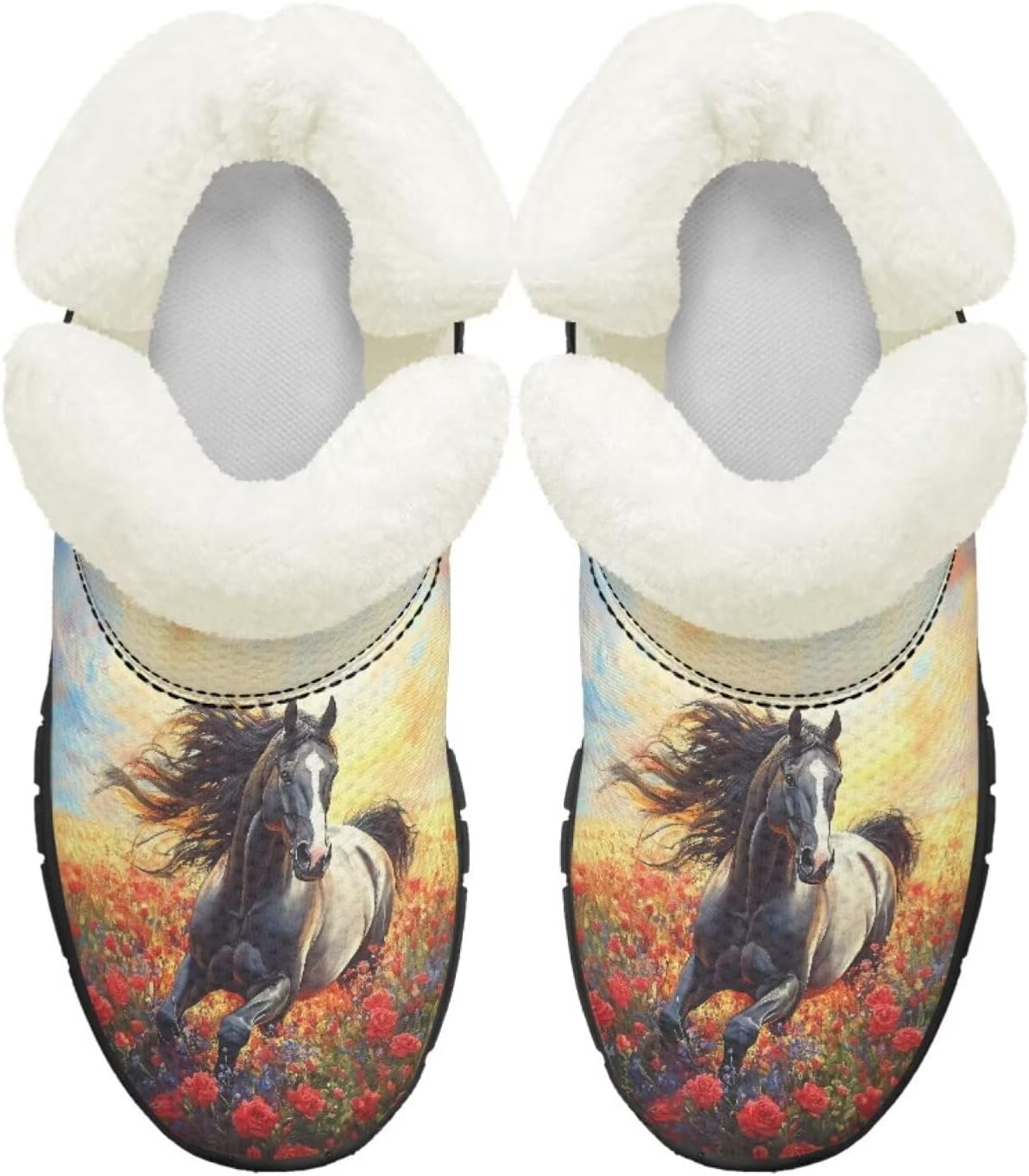 

Детские ботинки для девочек на зиму с меховой подкладкой, противоскользящие зимние ботинки для прогулок и бега, слипоны Pointodoor, Red Rose Black Horse