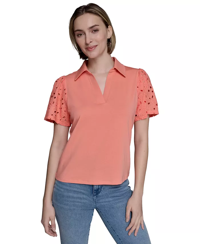 

Женский топ из смесовой ткани с ажурной вязкой Eyelet Knit KARL LAGERFELD PARIS, оранжевый