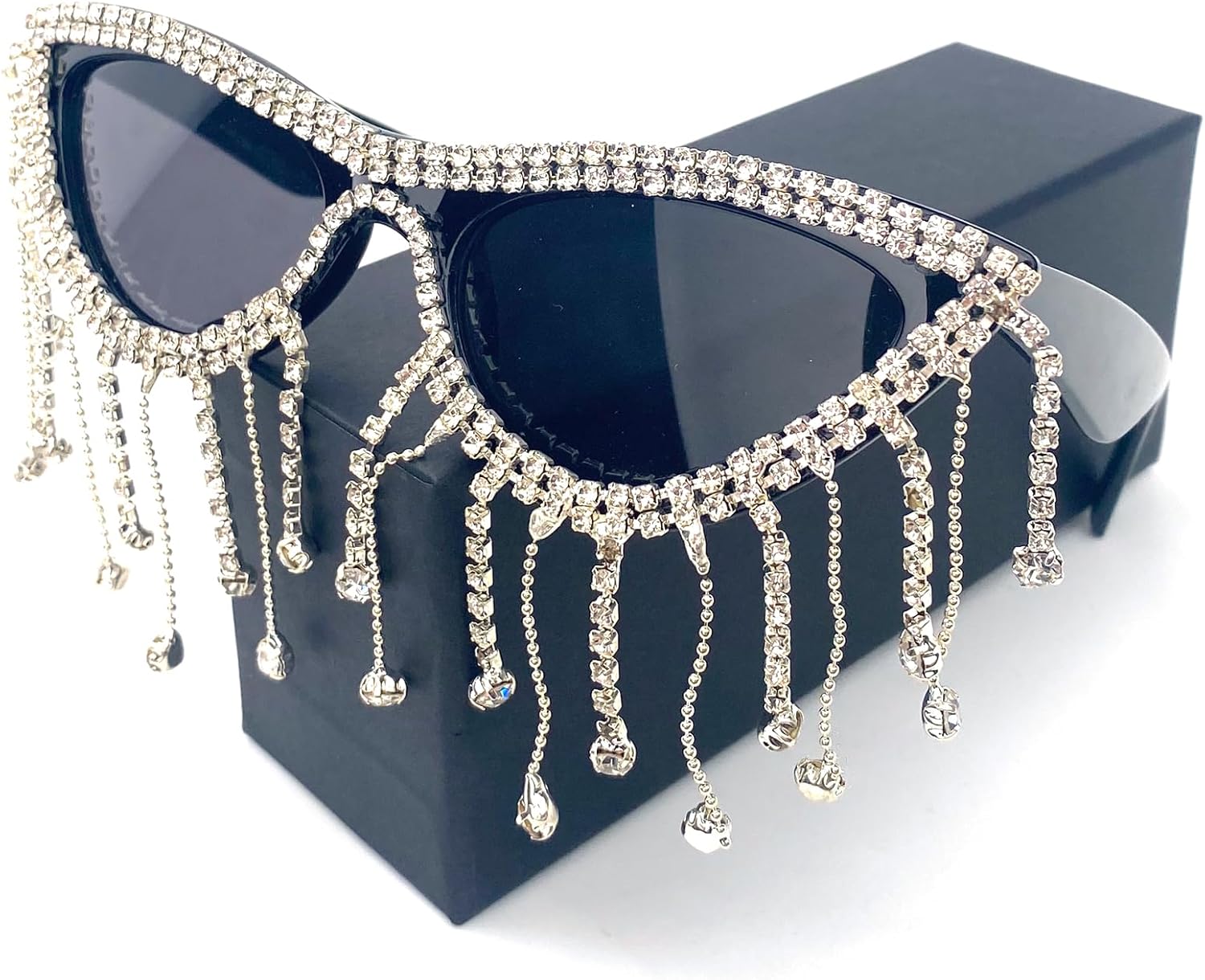 

Солнцезащитные очки «кошачий глаз» с бриллиантами для женщин, модная оправа с драгоценными камнями, стразами и кисточками, очки для костюмированных вечеринок и рейв-вечеринок mincl, Black