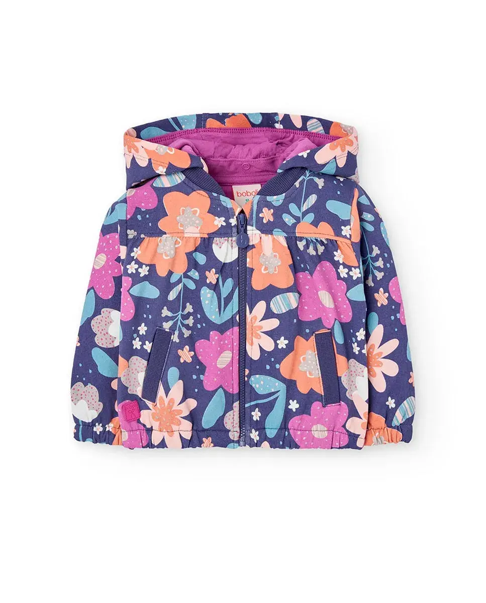 

Детская флисовая куртка с капюшоном на кнопках и цветочным принтом Boboli, темно-синий/розовый