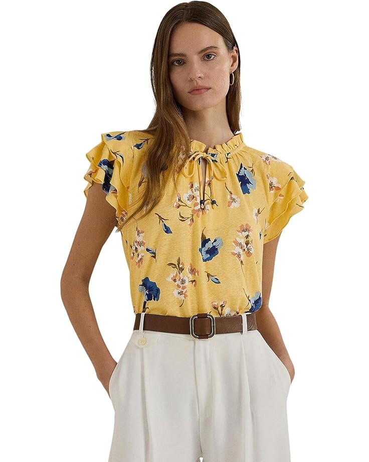 

Топ Lauren Ralph Lauren Floral Linen-Blend Jersey Tie-Neck Top, цвет Yellow Multi