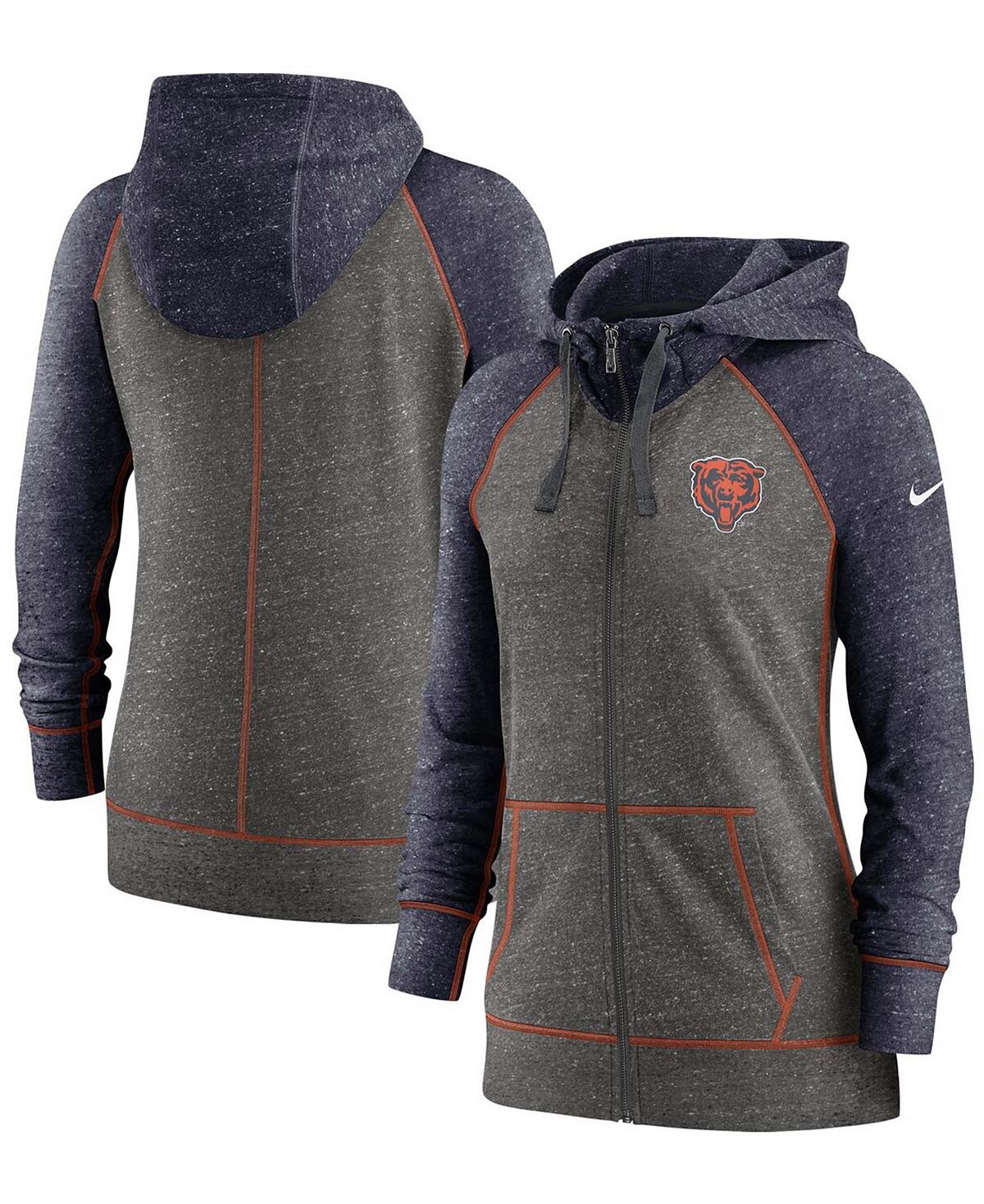 

Женская темно-серая толстовка с капюшоном Chicago Bears Gym в стиле реглан с молнией во всю длину и принтом в винтажном стиле Nike