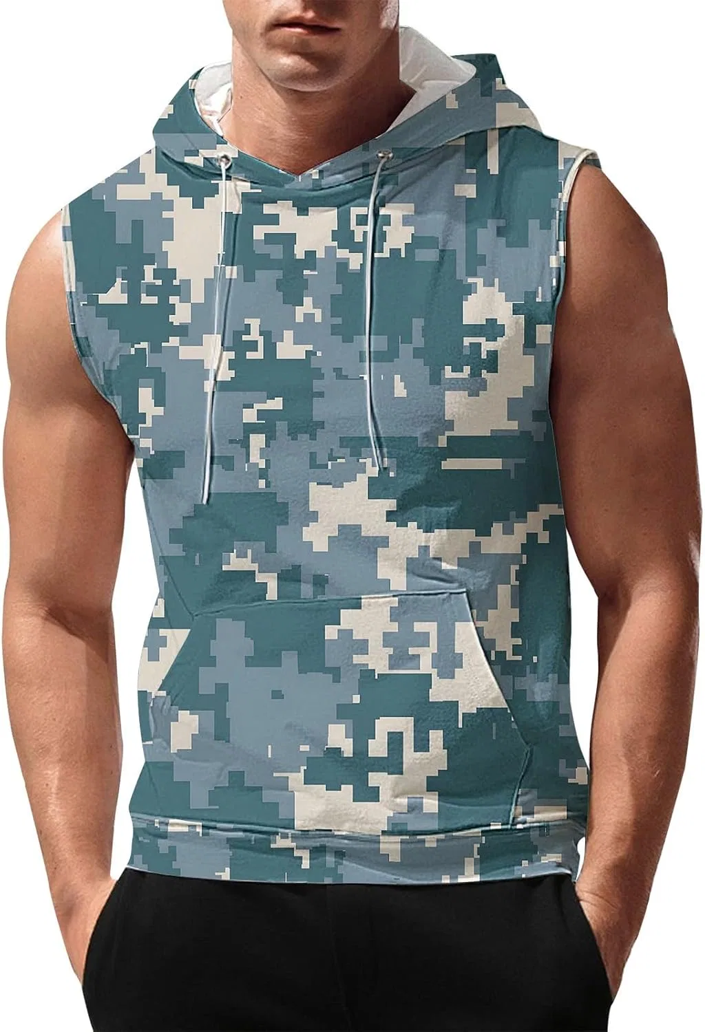 Мужская майка с капюшоном Camouflage Bodybuilding Muscle Cut Off, синий камуфляж