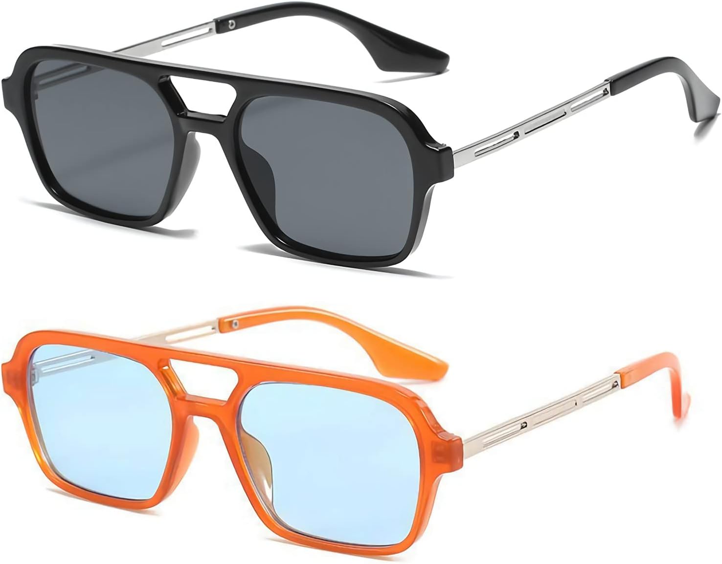 

Солнцезащитные очки OSAGAMA в винтажном квадратном стиле «авиатор», маленькие, 70-е годы, плоские, металлические, для женщин и мужчин, с защитой от УФ-излучения, 2pcs Orange/Blue+black/Grey
