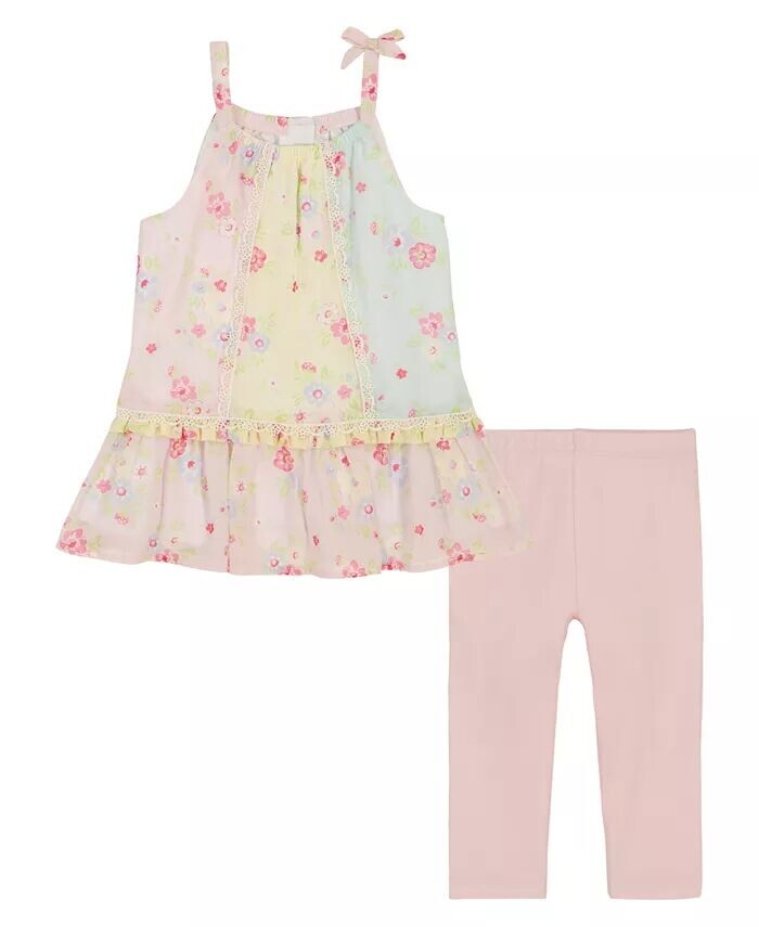 

Комплект из туники Babydoll с цветочным принтом Georgette для маленьких девочек и леггинсов-капри Kids Headquarters, розовый