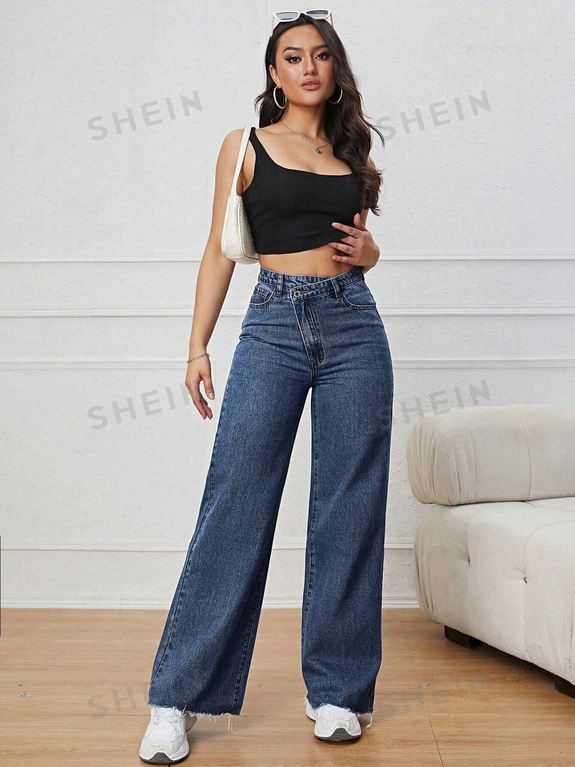 

ICON Женские длинные джинсовые брюки с завышенной талией Shein, тёмно-синий