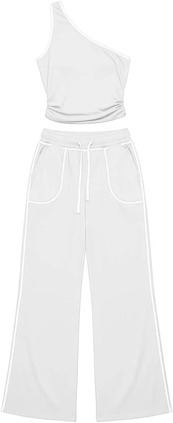Женский спортивный костюм, топ с одним плечом и широкие брюки, белый — фото 4