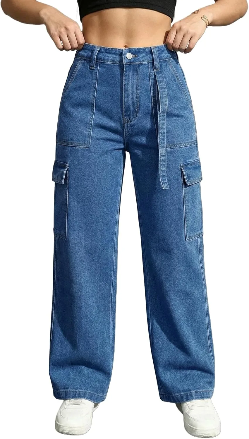 

Женские джинсы карго с высокой талией, прямые широкие, с 6 карманами Flvsun