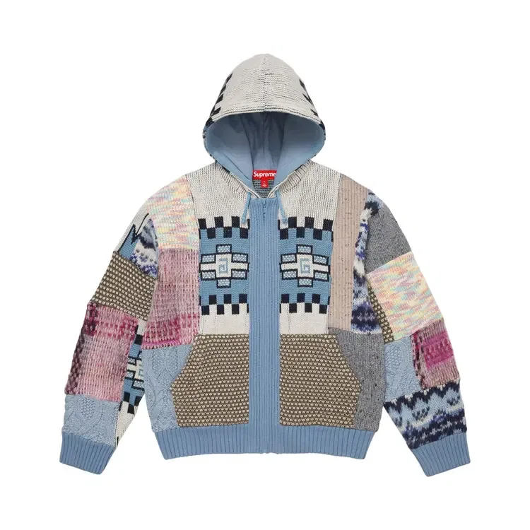 Свитер с капюшоном на молнии и в стиле пэчворк Supreme, синий