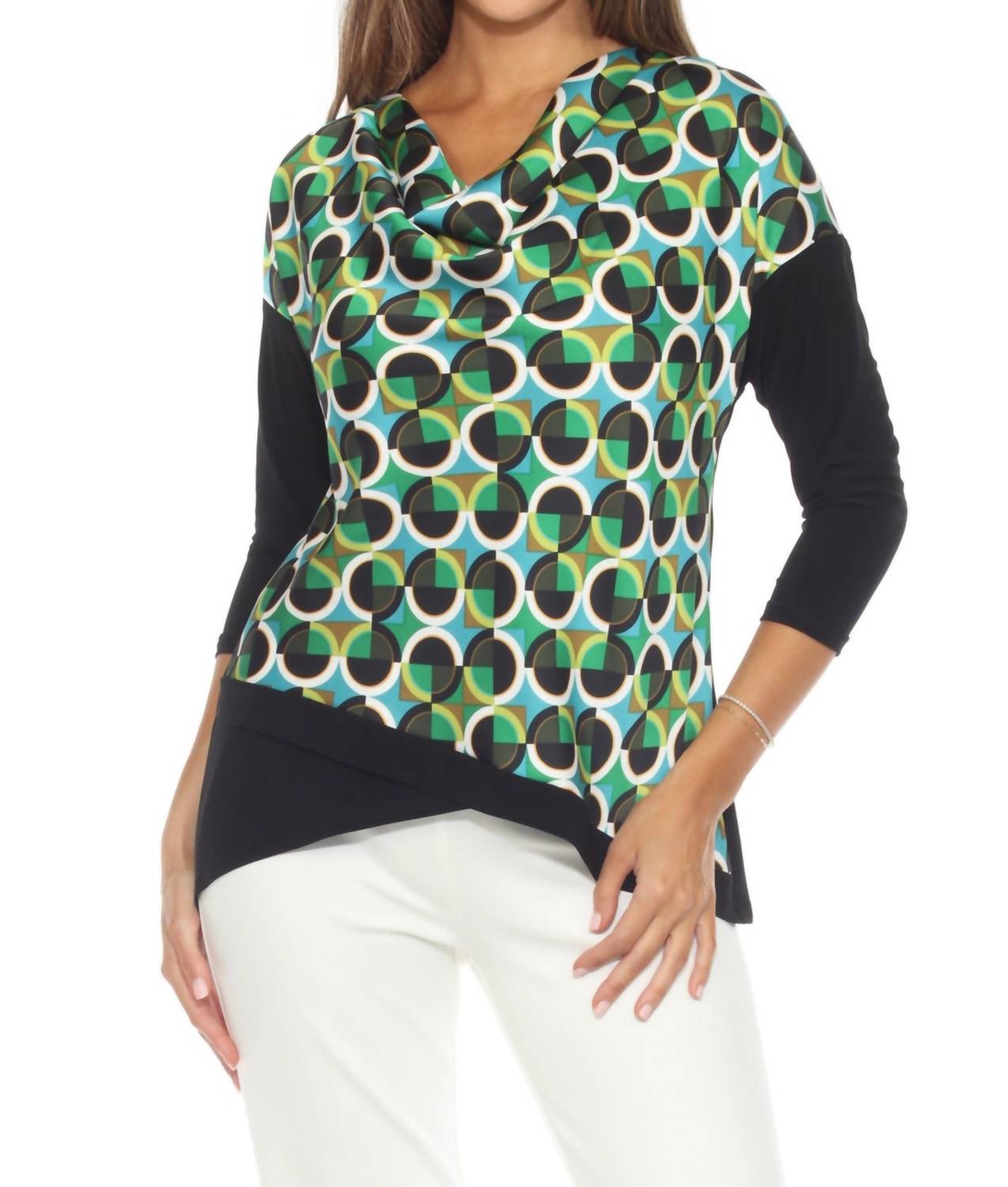 

Ретро топ с геометрическим рисунком и воротником-хомут в черно-разноцветной гамме Joseph Ribkoff