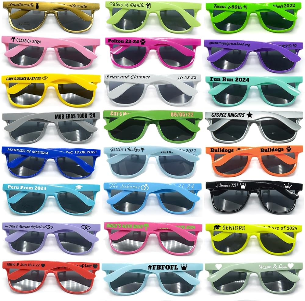 

100 штук солнцезащитных очков на заказ, персонализированные сувениры для вечеринок, свадеб, гостей, музыкальных шоу, дней рождения, девичников, подружек невесты, сада, выпускного бала 2024 года (разные цвета) GZLDGIFTS, Mixed