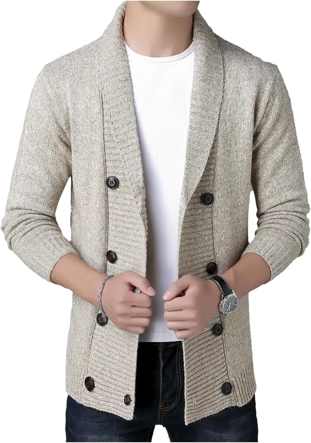 

Мужской двубортный свитер с воротником-шалью, кардиган с кабельной вязкой GHTRHSB