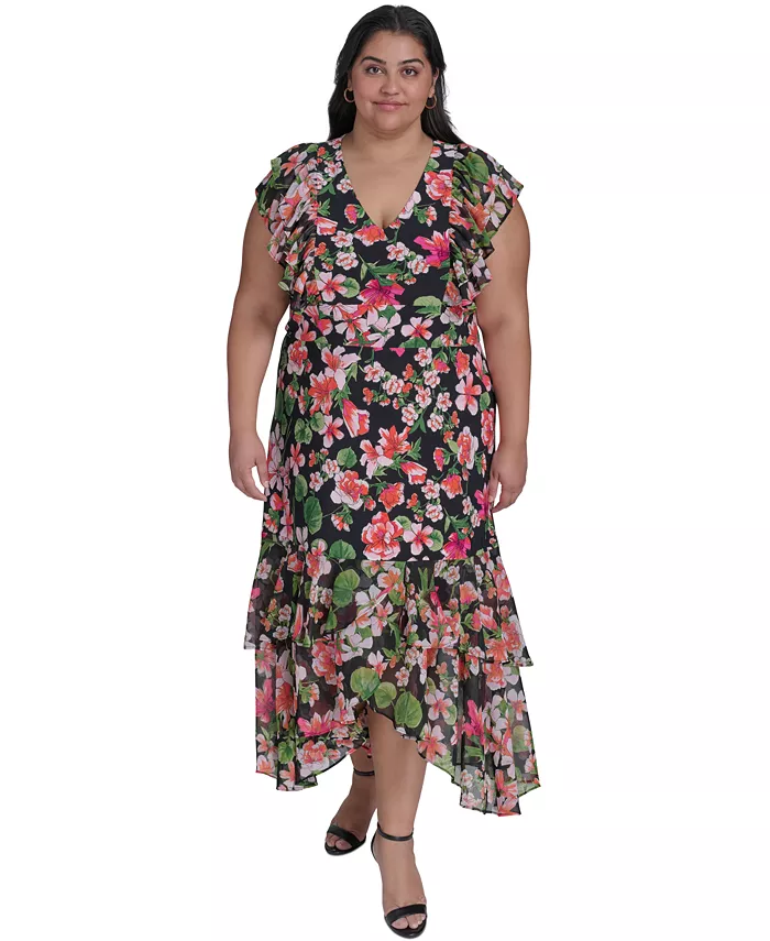

Платье макси с цветочным принтом и комбинированными материалами Plus Size Tommy Hilfiger, черный