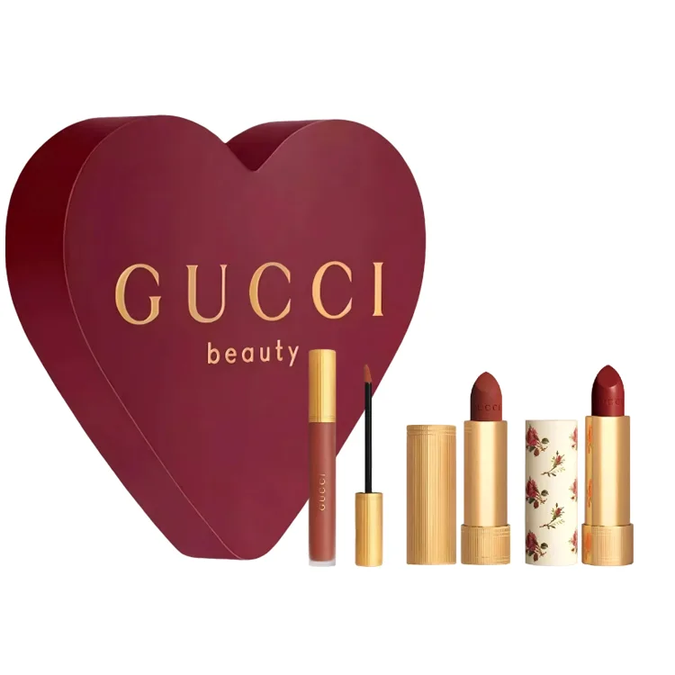 GUCCI Триколор помада бокс лимитированная серия, набор матовых жидких помад с мягкой текстурой, легко растушевывается, долго держится, Three-Piece Set: Cloud Mist Liquid Lipstick #505+Silk Lip Balm #25+Velvet Lip Balm #505 — фото 4