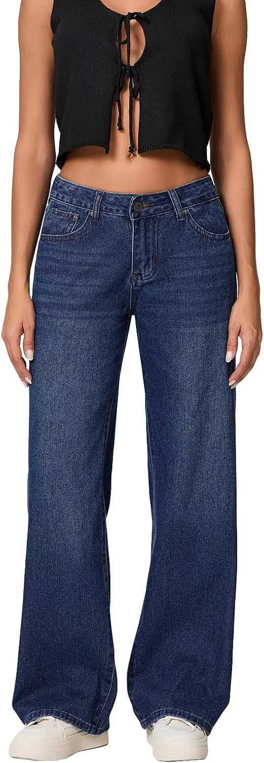 

Mxiqqpltky низкие джинсы для женщин mom jeans широкие прямые мешковатые