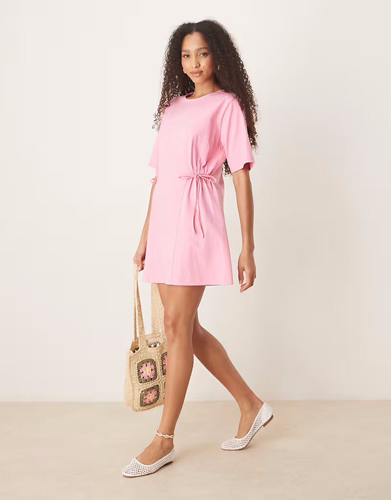 

Платье-рубашка ASOS DESIGN с завязками по бокам и присборенной талией розового цвета