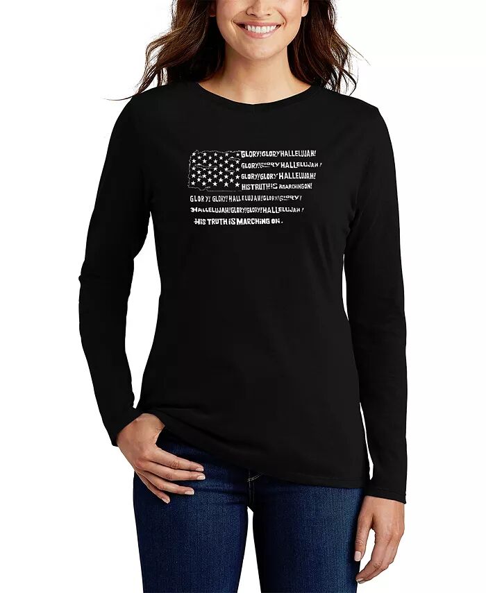 

Женская футболка с длинным рукавом Glory Hallelujah Flag Word Art LA Pop Art, черный