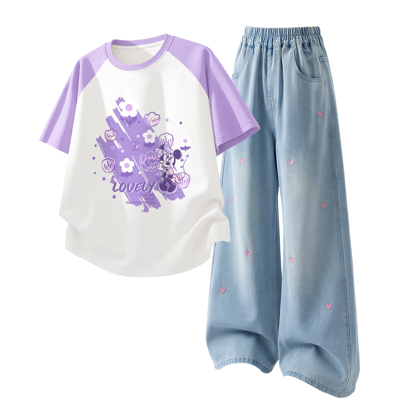 Детская повседневная спортивная футболка с круглым вырезом Disney, Di Bubble Flower Purple White+Solid Color Denim Light Blue