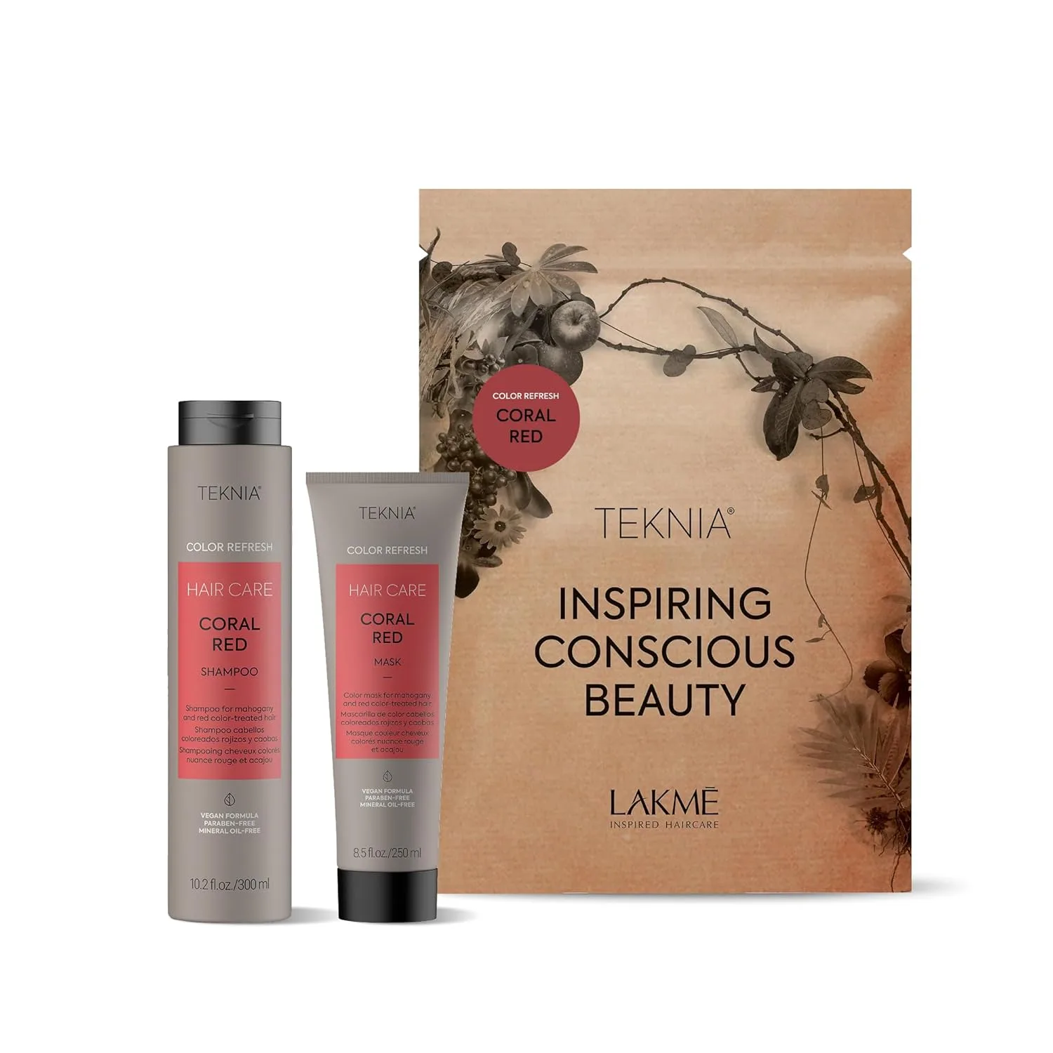 Набор для ухода за кожей Lakmé Teknia Refresh Coral Red (полноразмерный шампунь и средство для ухода за кожей) кораллово-красного цвета.